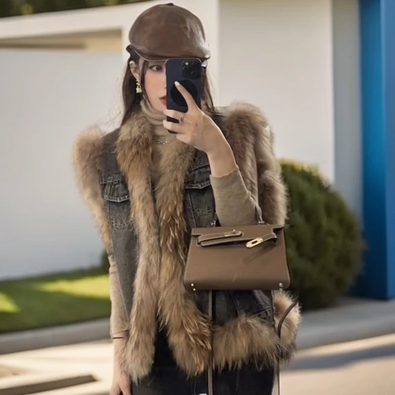 2024秋冬季新款百搭马甲牛仔时尚马夹拼接韩版洋气加棉女外套修身