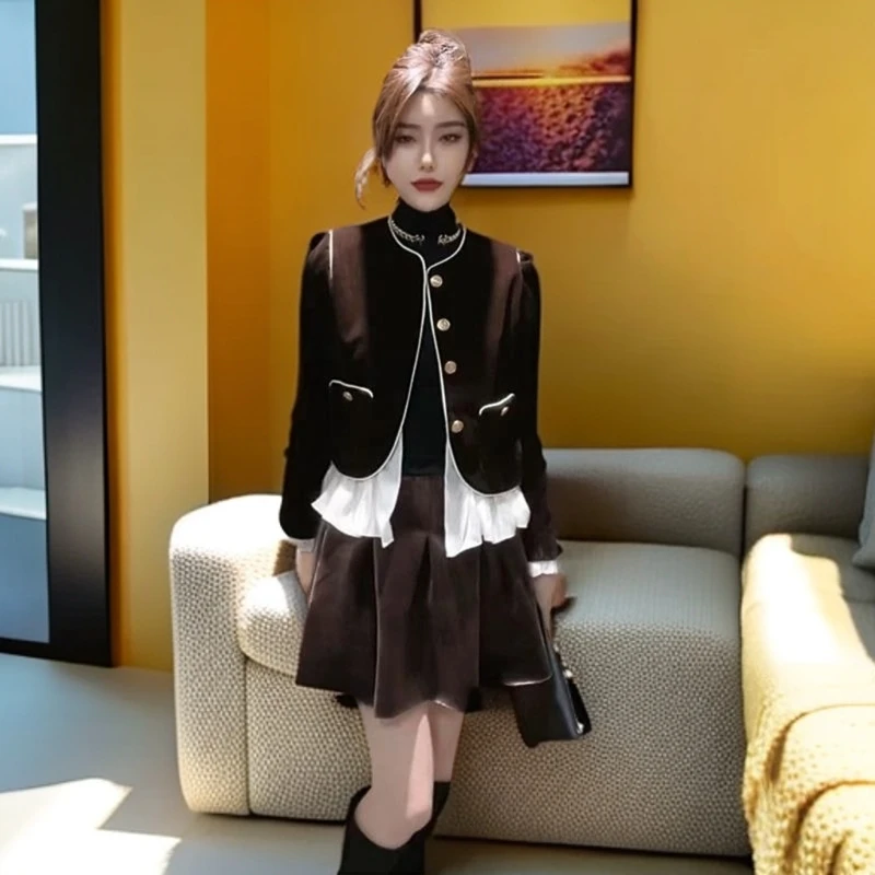 『双11』春秋季新款韩版时尚女金丝绒外套百搭半身裙通勤两件套套