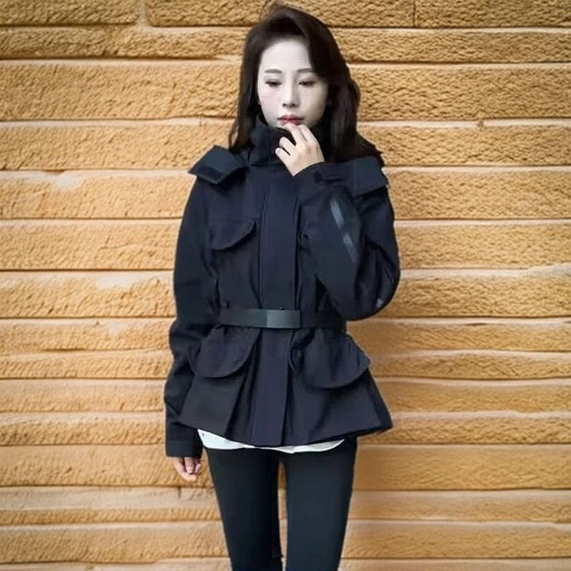 杨幂同款2024冬时尚休闲韩版加绒冲锋衣棉服外套女收腰修身派克服