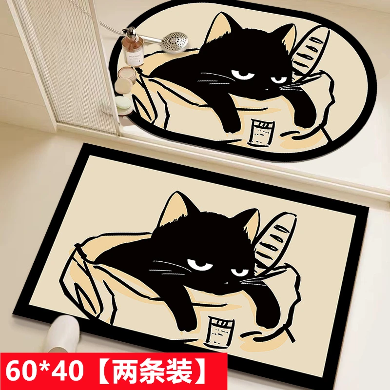 【硅藻泥】吸水防滑垫卫生间浴室门口垫地毯门垫-60*40-慵懒小黑猫