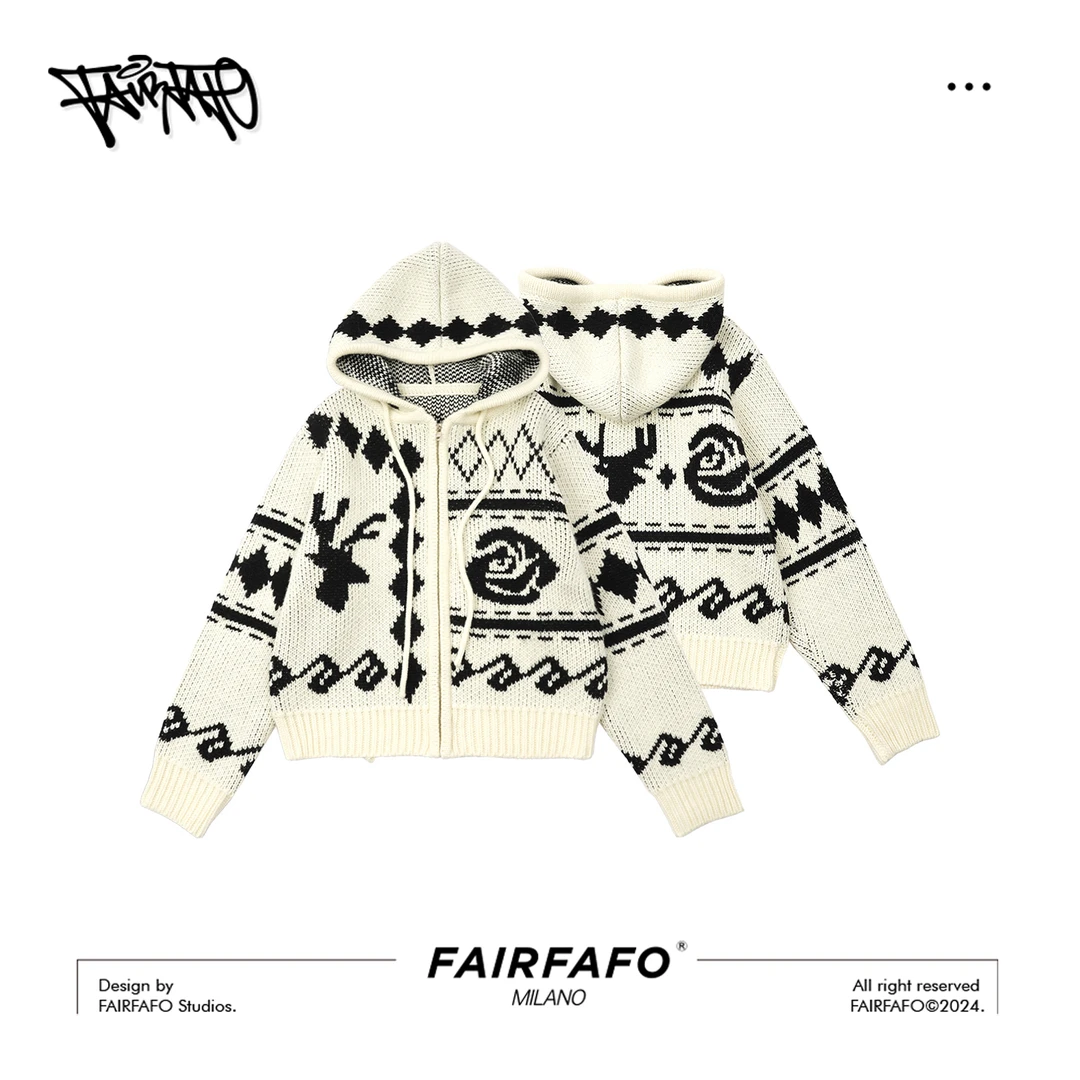 FAIRFAFO林肉肉【复古双色纱线】时尚宽松设计师连帽外套 MK24WT799