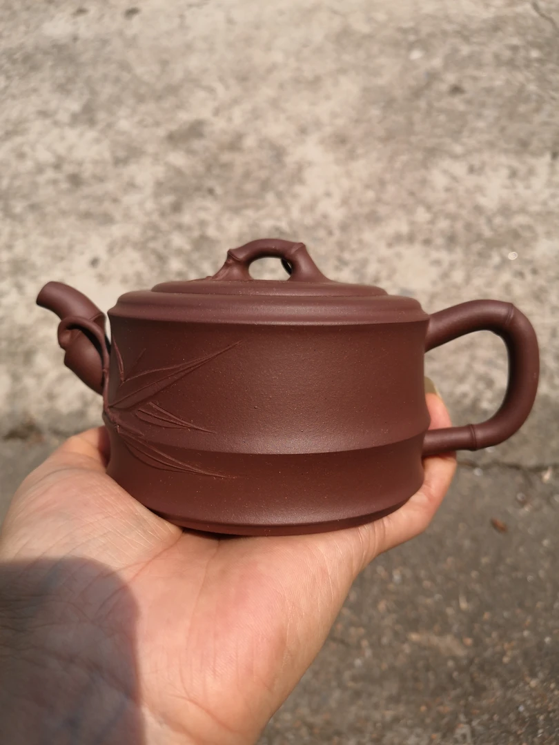 宜兴紫砂壶竹段原矿紫泥制作纯手工刻绘