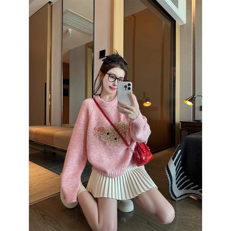 粉色卡通套头毛衣女秋冬季2025新款加厚甜美减龄慵懒打底针织衫潮