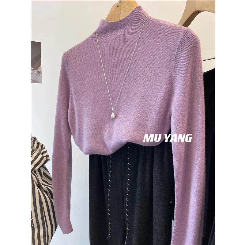 秋冬法式半高领紫色针织衫女长袖内搭打底毛衣高级感加厚洋气上衣