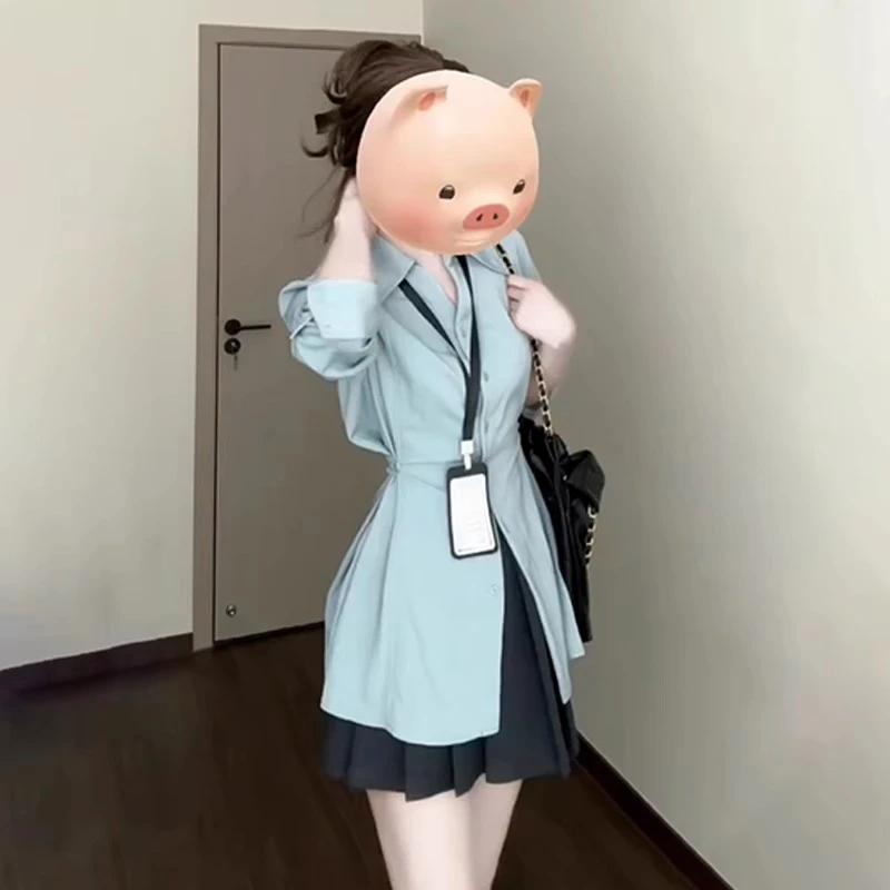 早秋季新款法式长袖衬衫女抽褶设计感气质蓝色衬衣百褶裙两件套装