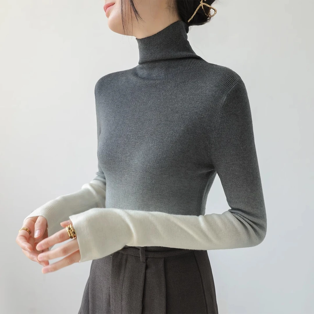 2025秋冬新款灰绿复古低奢高级渐变修身别致高领针织衫女内搭上衣