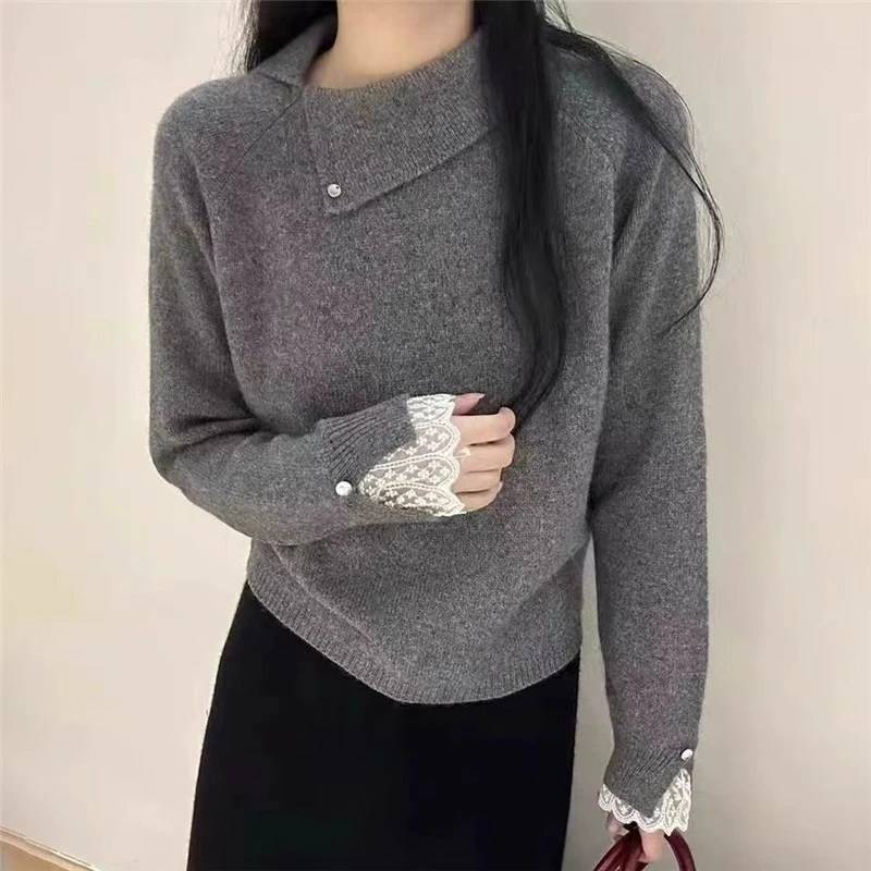 加厚蕾丝拼接毛衣女2025新款秋冬爆款内搭可外穿翻领针织打底衫