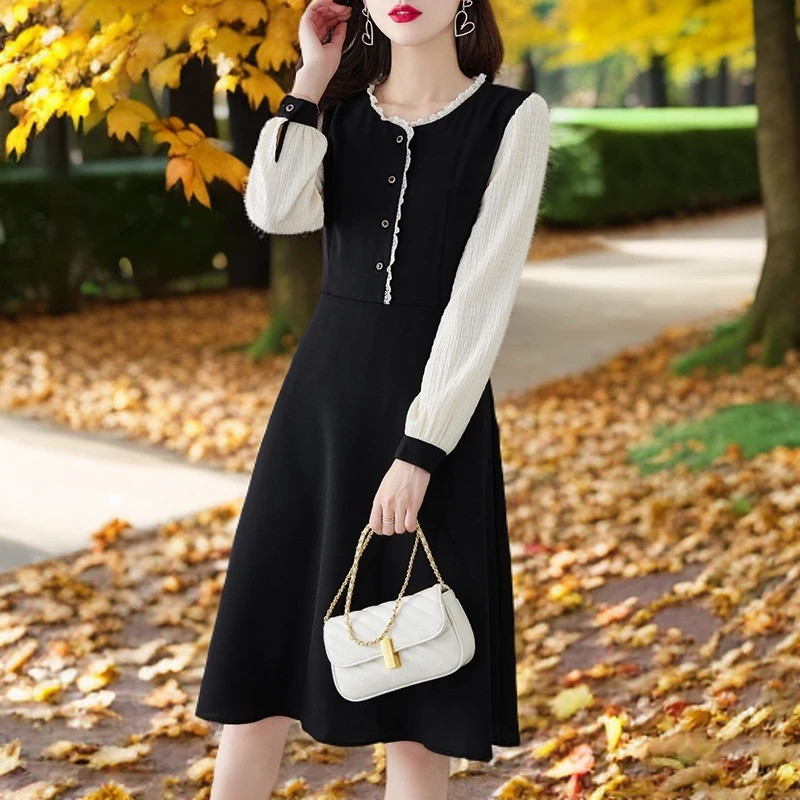 新款长袖黑色连衣裙女显瘦时尚气质假两件裙子收腰秋冬小香风