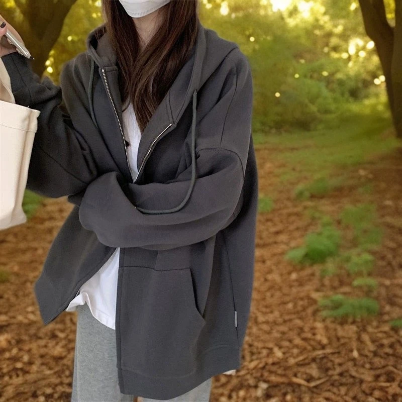 卫衣加厚加绒女连帽秋冬情侣开衫外套薄款春秋季宽松外穿学生时尚