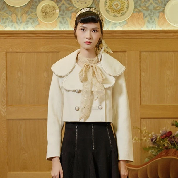 大翻领短款双面呢外套女式外套151310015秋冬冬季秋季毛呢时尚