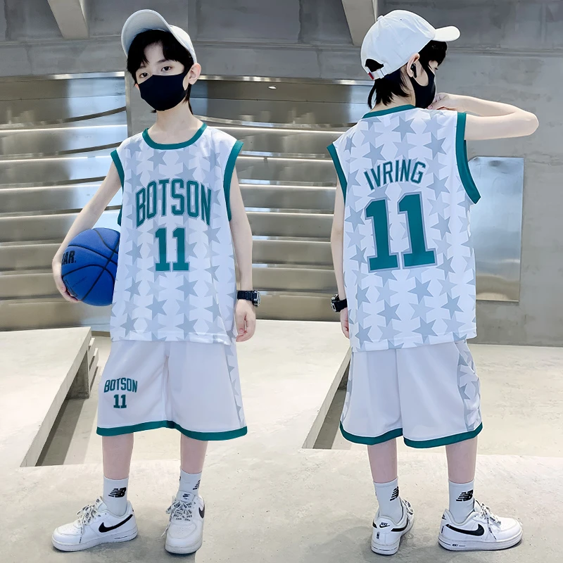 男童中大童夏季新款儿童速干时尚运动星星凉爽训练无袖篮球服套装