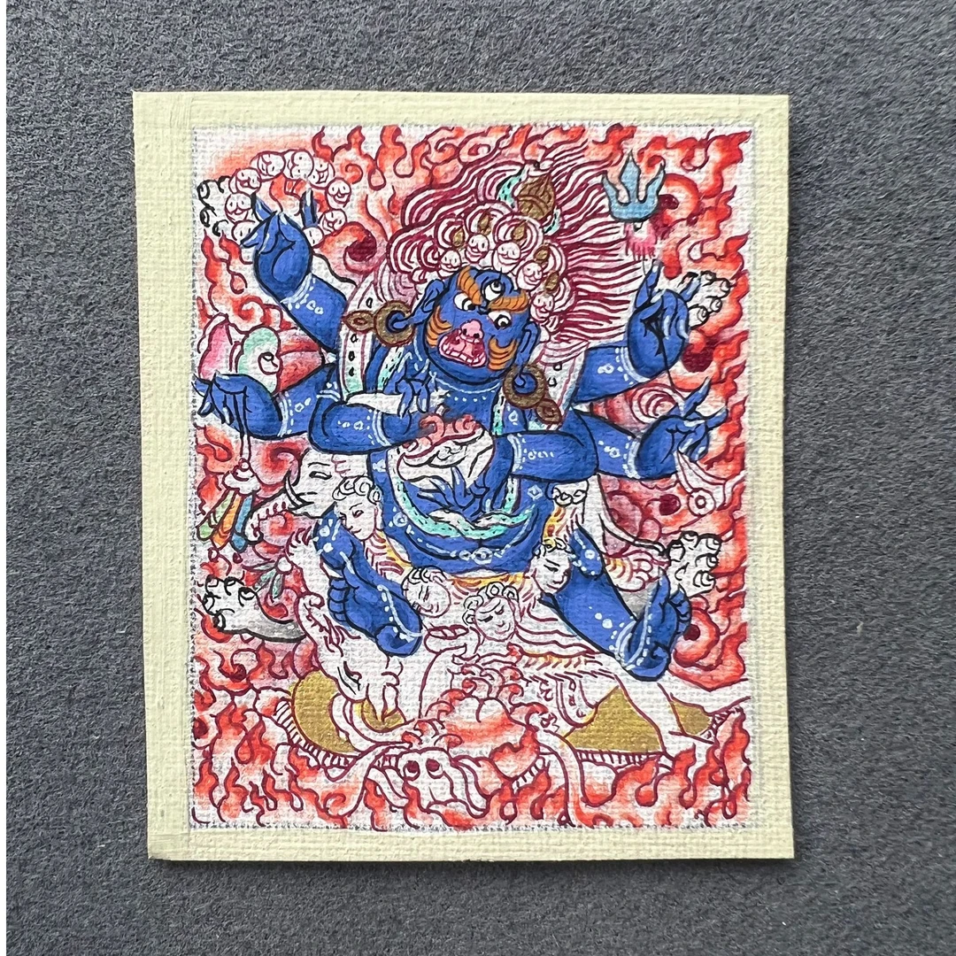 纯手绘唐卡六臂大黑天 火焰祥云粉色款 满工满画色彩鲜艳