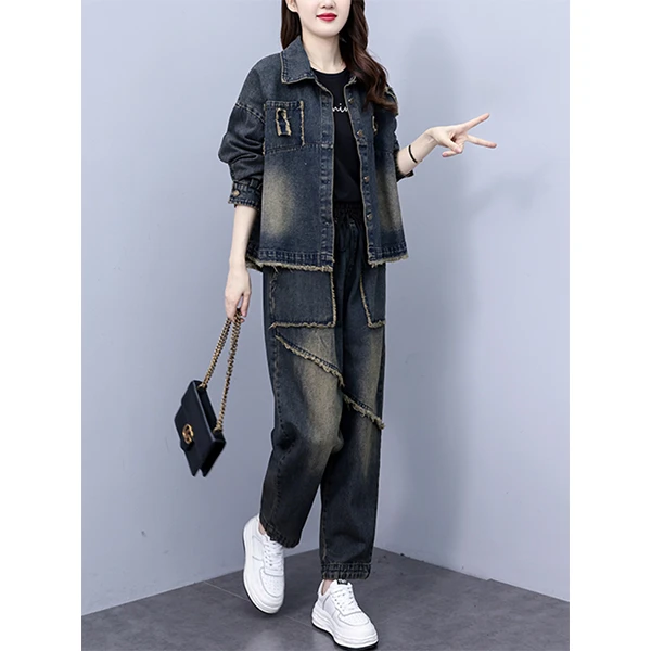欧货时尚复古牛仔外套两件套初春秋新款洋气女士显瘦减龄宽松套装