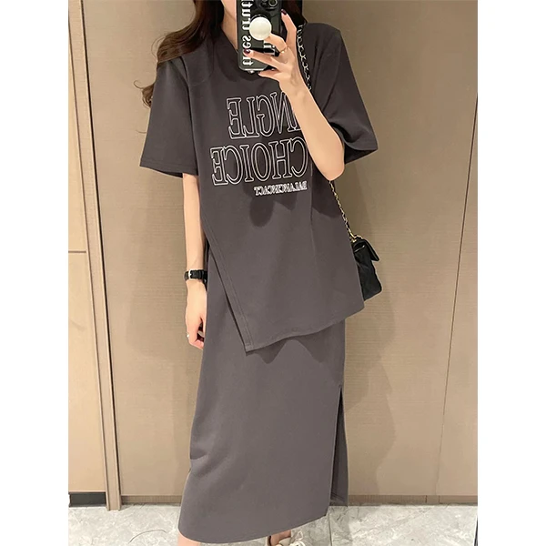 时尚百搭套装女欧洲站2025夏装新款欧货宽松开叉上衣半身裙两件套