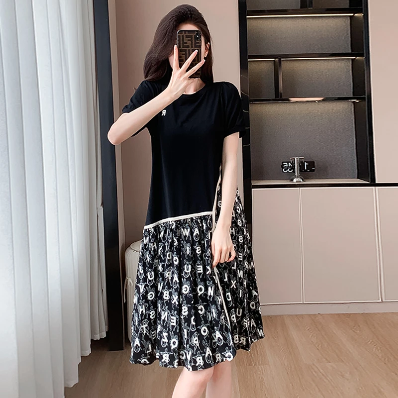 黑色拼接T恤连衣裙女夏季2024新款大码宽松时尚洋气中长款鱼尾裙