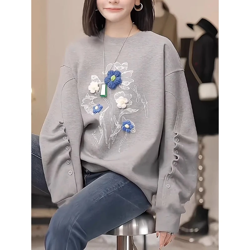 女士灰色卫衣2024秋冬季新款时尚洋气减龄宽松大码显瘦设计感上衣