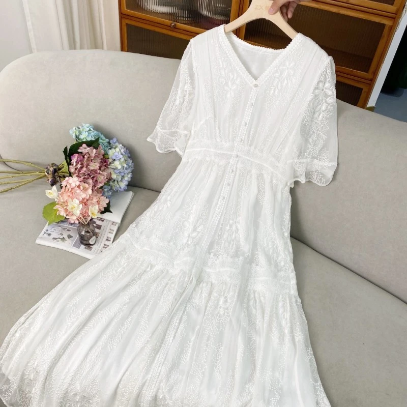 ZHUOXI/着西ZXHG白色气质显瘦时尚连衣裙法式仙女长裙8819