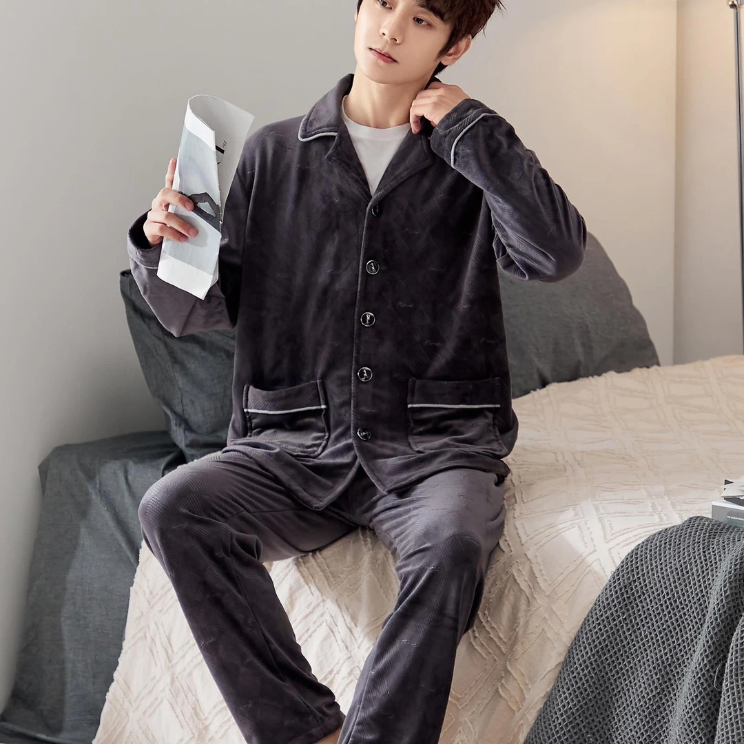 【米兔家居服】CD116精品海岛绒秋冬加厚男士字母经典灰长袖长裤