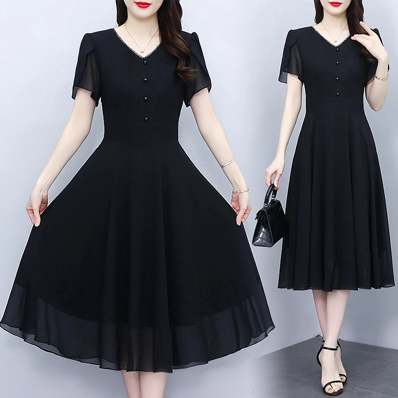 黑色短袖V领雪纺连衣裙夏季时尚洋气质收腰显瘦遮肚长裙子小黑裙