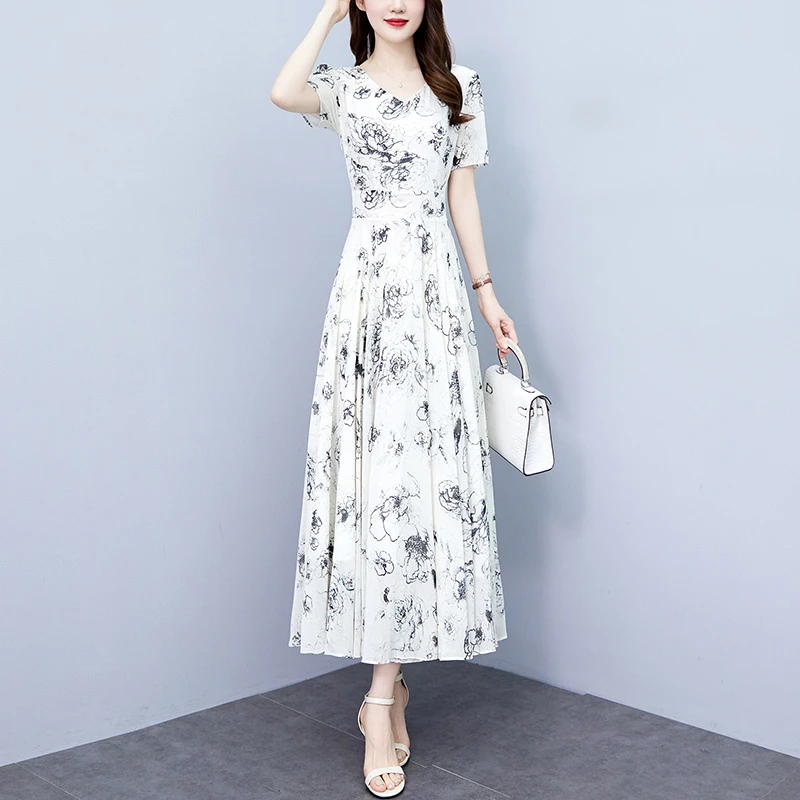 夏季新款白色雪纺碎花连衣裙时尚气质大码胖mm收腰显瘦遮肚长裙子