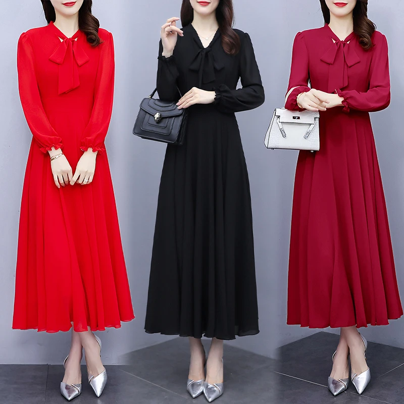 纯色长袖雪纺连衣裙女2025秋季新款飘带领修身显瘦气质长款大摆裙