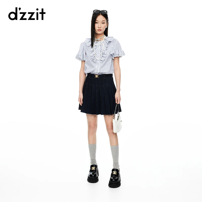 【专属】dzzit地素衬衫夏季荷叶边爱心纽扣设计短袖上衣