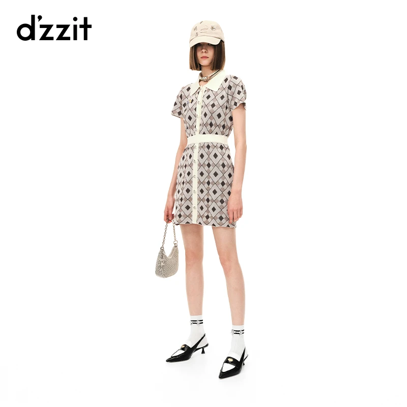 dzzit地素夏Polo领提花收腰短裙裙子女针织连衣裙3H2E629