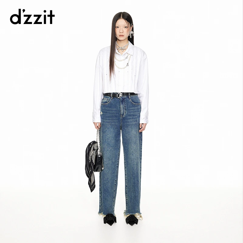 dzzit地素长袖衬衫春秋白色烫水钻褶皱设计短款上衣3I1C460