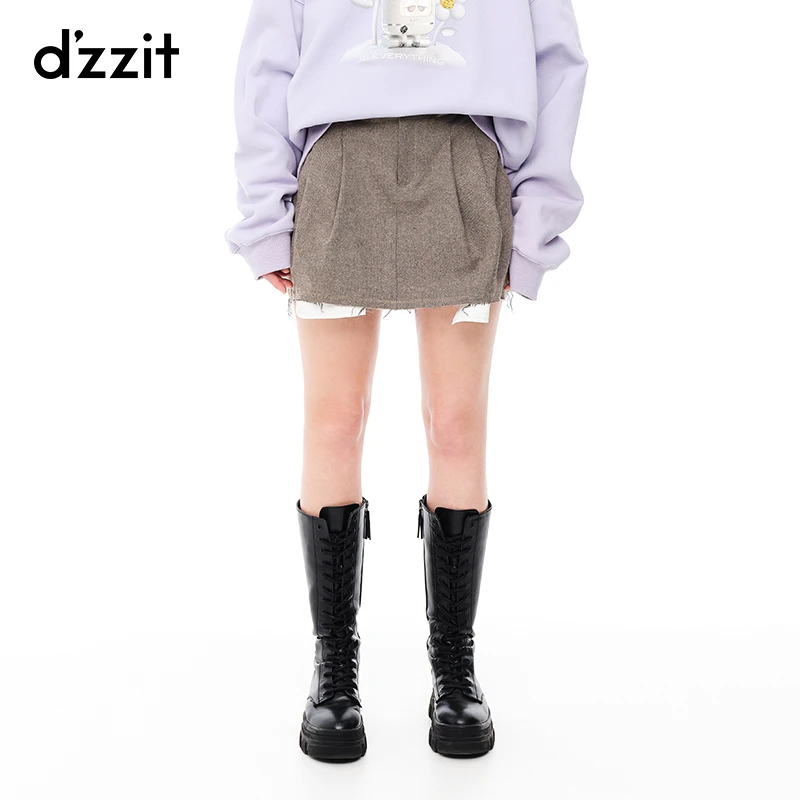 dzzit地素时髦设计感小众西装休闲羊毛混纺A字半身裙女3E4S207