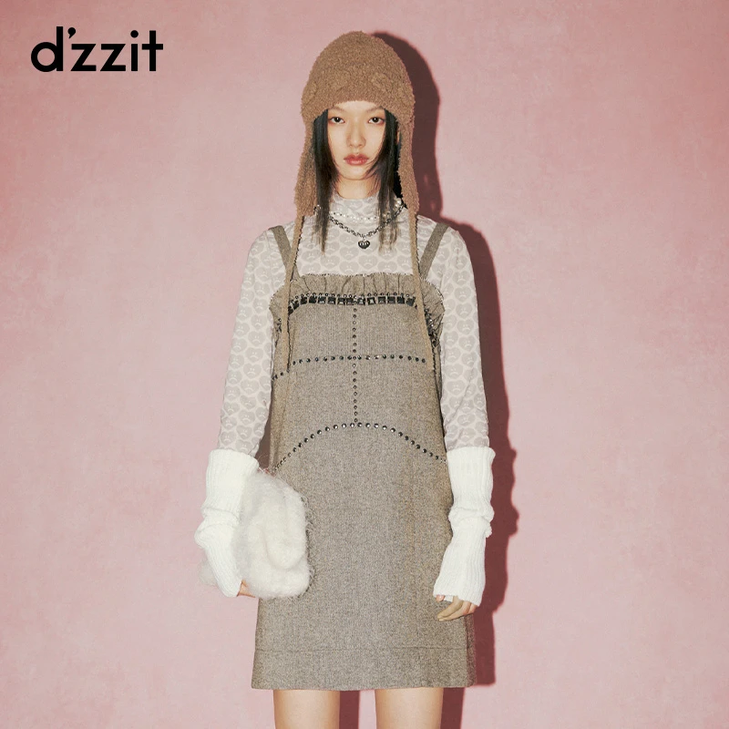 【专属】dzzit地素春秋时尚花边法式方领钉珠设计外搭吊带裙女
