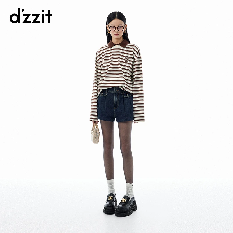 097【陈嘉尔专属】dzzit地素长袖T恤假象叠穿polo领条纹宽松上衣女