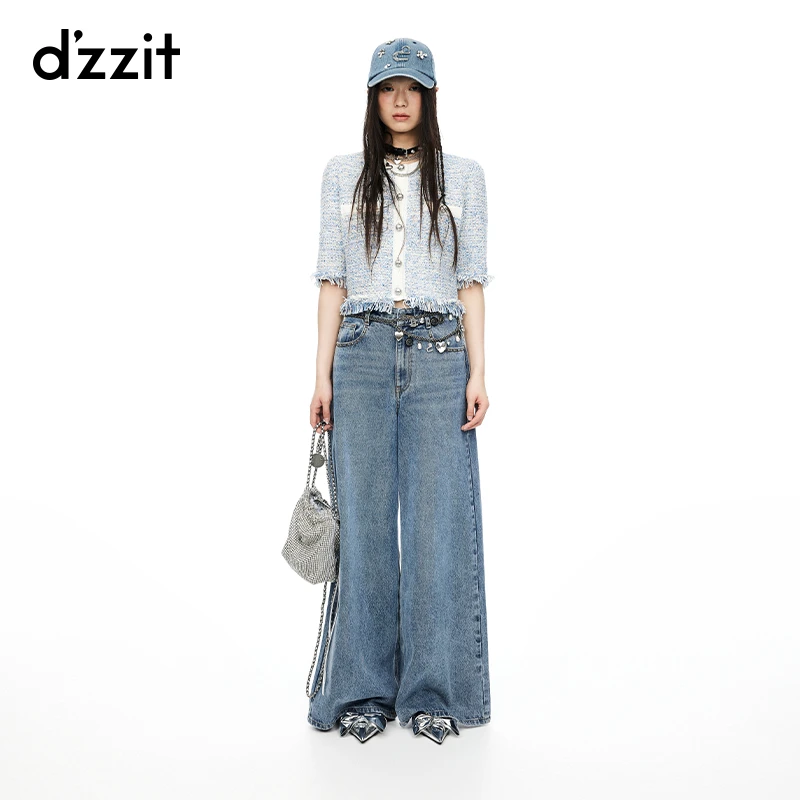 dzzit地素中袖针织衫夏季秋小香风蓝色毛边设计短款外套女3I2E532