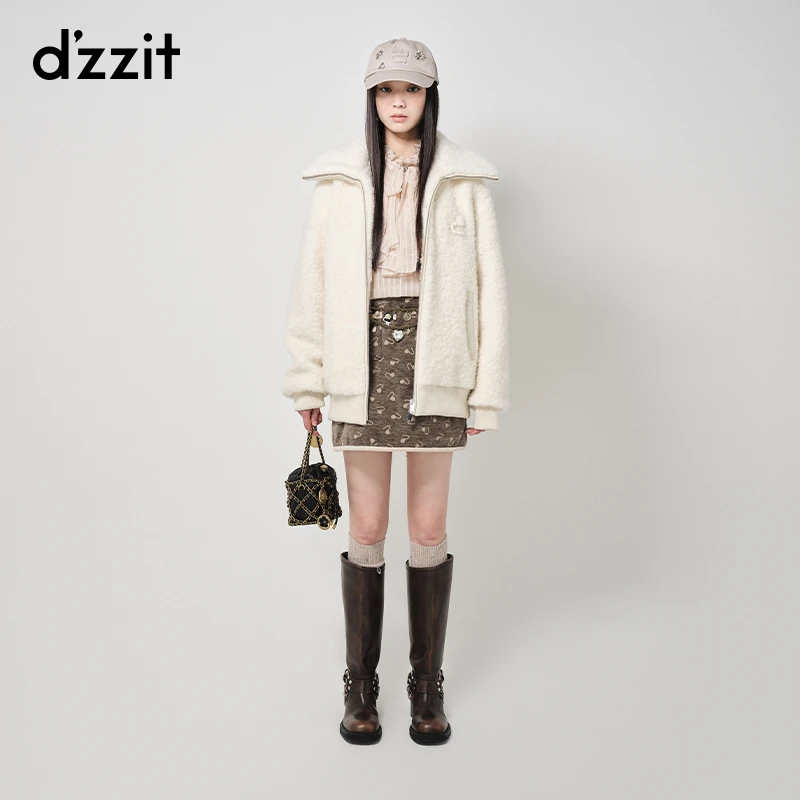 dzzit地素圈圈呢中长毛呢大衣绵羊毛混纺翻领爱心外套女3H4G2439B