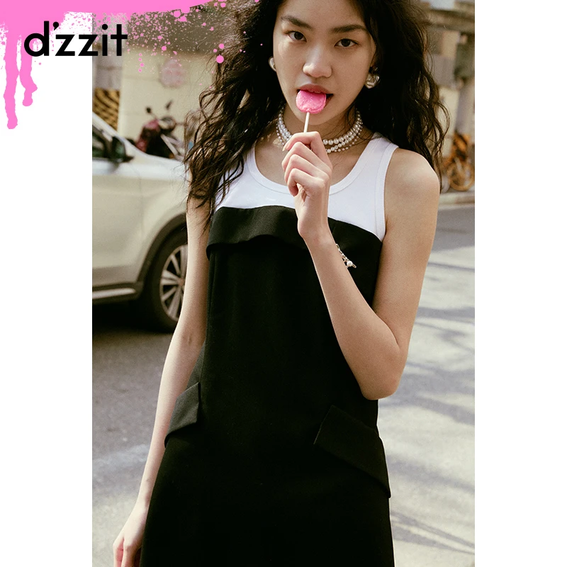 【专属】dzzit地素甜酷少女黑白撞色拼接无袖收腰连衣裙短裙女
