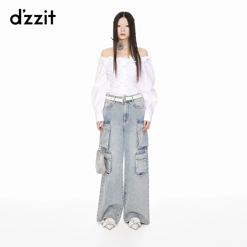 dzzit地素蝴蝶结白色上衣夏季一字肩褶皱设计长袖3I2D501