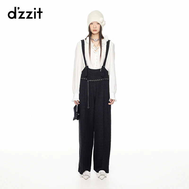【专属】dzzit地素连体裤春秋新粗花呢腰链装饰黑色背带裤