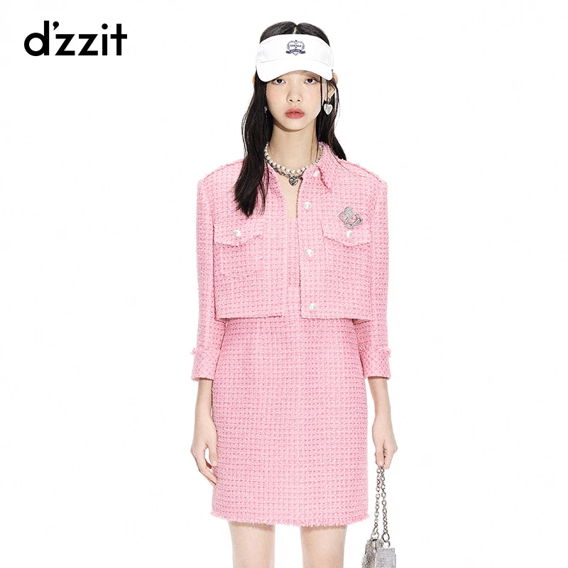 【DZ】dzzit地素芭比小香千金粗花呢胸针千鸟格短外套