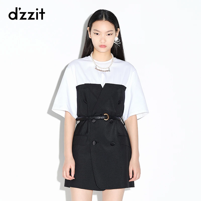 dzzit地素时尚黑白撞色拼接假两件气质高级感西装连衣裙女3D3O420