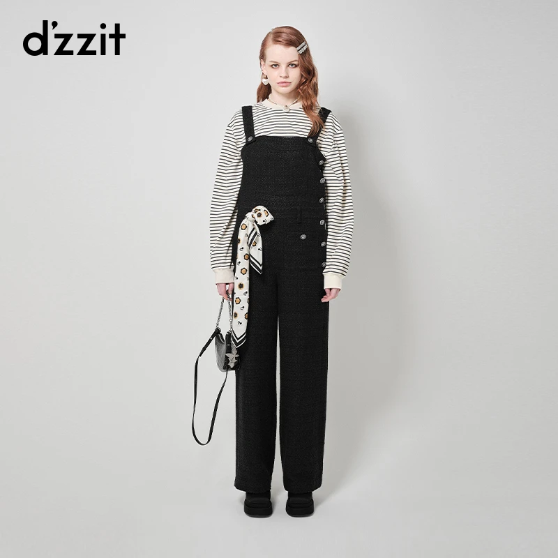 dzzit地素粗花呢背带裤小香风深蓝色纽扣装饰直筒长裤女3H4P6011T