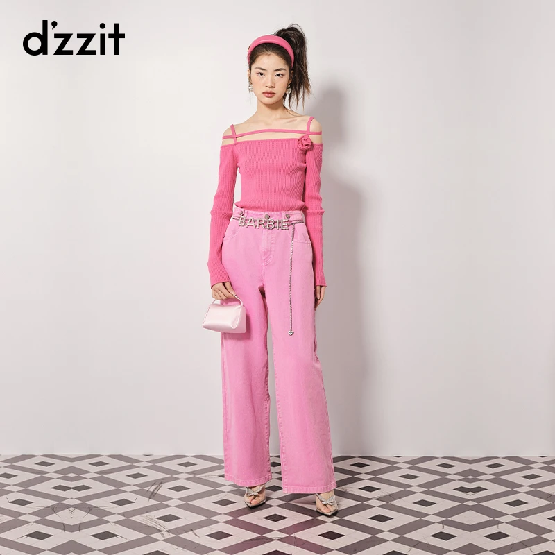 dzzit地素长袖针织衫春秋芭比风一字肩花朵装饰上衣女3H3E4151I