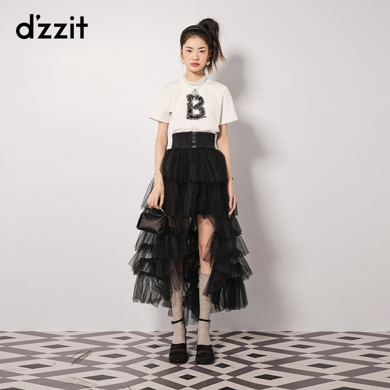 明星同款dzzit地素黑色网纱长裙高腰不规则后摆半裙女3H3S426