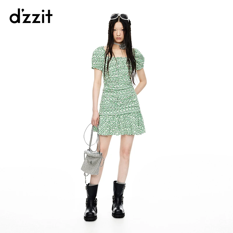 【DZ】dzzit地素连衣裙薄荷曼波绿几何满印收腰短裙女