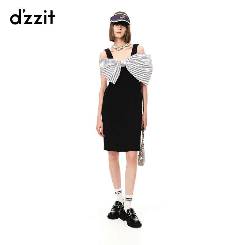 dzzit地素夏法式浪漫条纹立体蝴蝶结装饰黑色吊带连衣裙3H2O1022T
