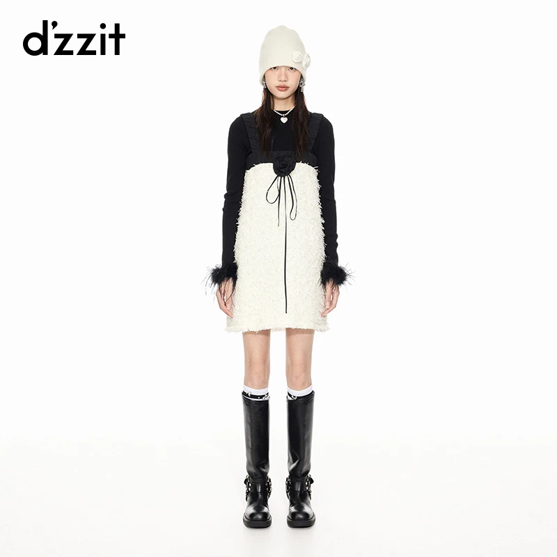 dzzit地素吊带连衣裙春秋拼色立体花朵装饰短裙3I1O261