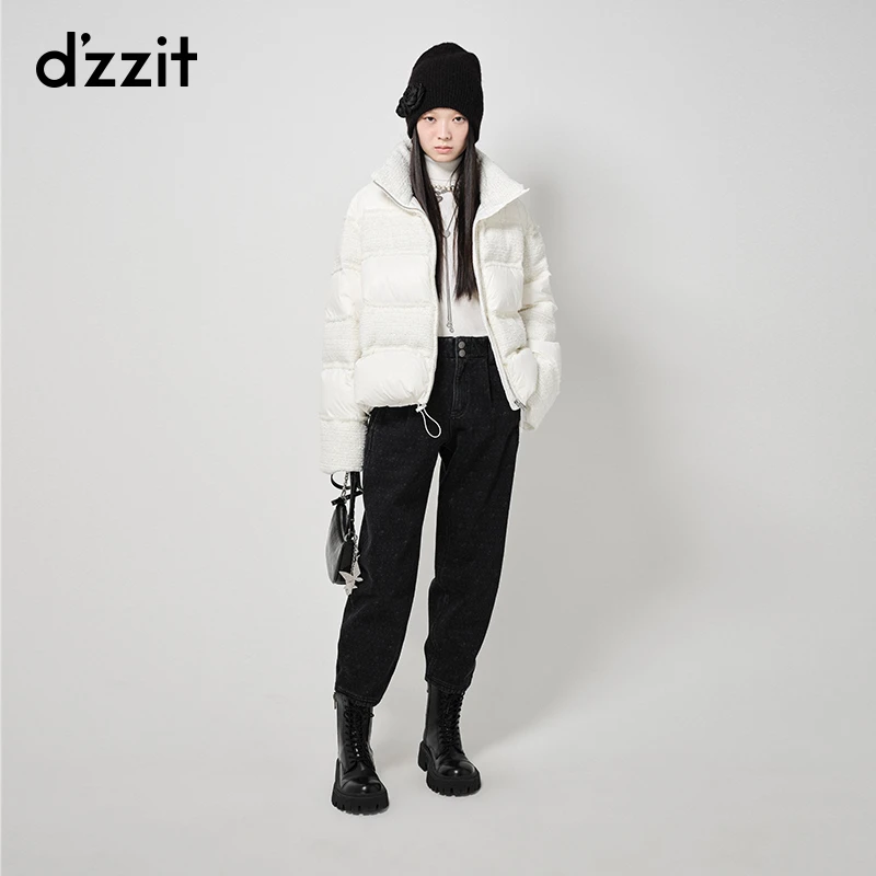 【专属】dzzit地素粗花呢拼接羽绒服小香风翻领短外套女3I1K2