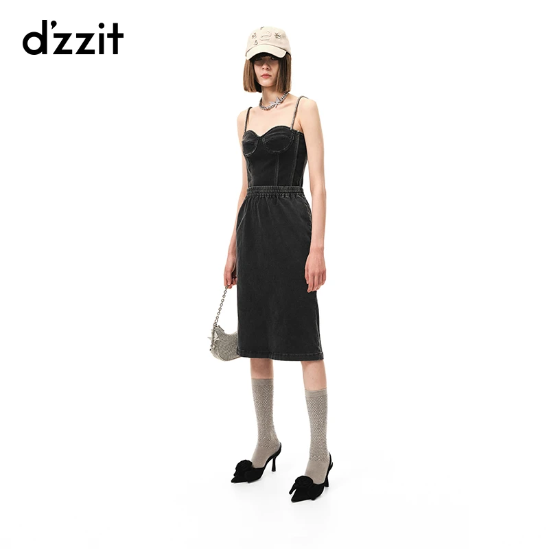 654【专属】dzzit地素牛仔连衣裙辣妹风法式松紧收腰吊带裙女