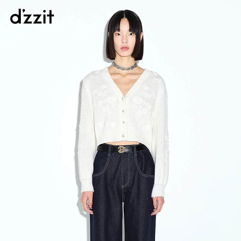 dzzit地素春秋少女风立体绣花白色v领长袖针织开衫上衣女3E1E523