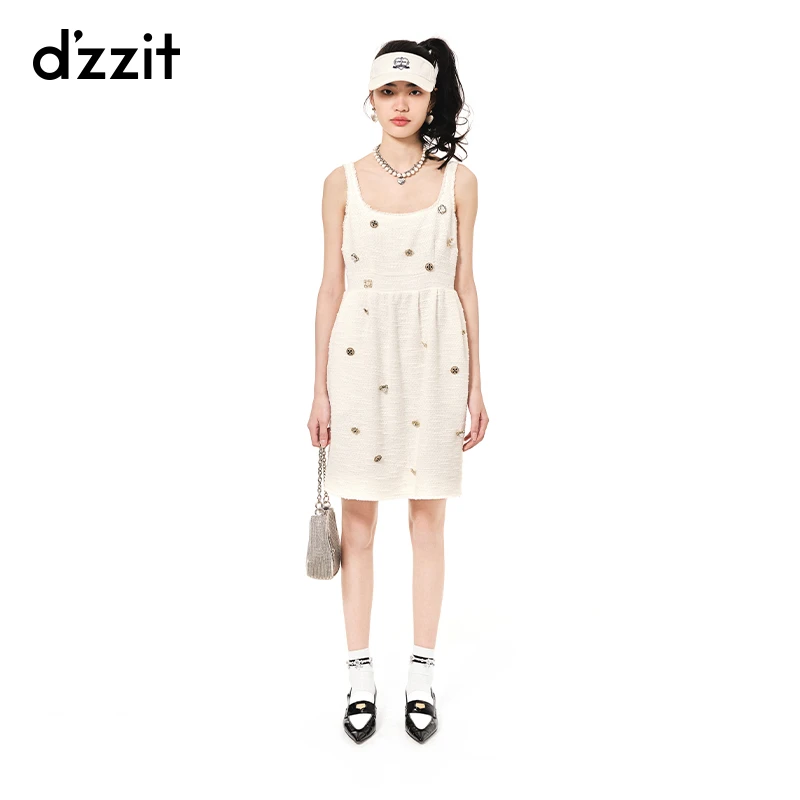dzzit地素吊带连衣裙夏芭比小香风徽章缝制设计女3H2O208