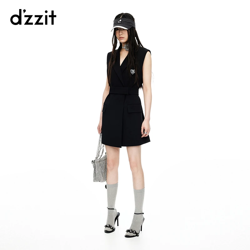 048【赵老板专属】dzzit地素连衣裙叠襟束腰黑色无袖西装裙短裙女