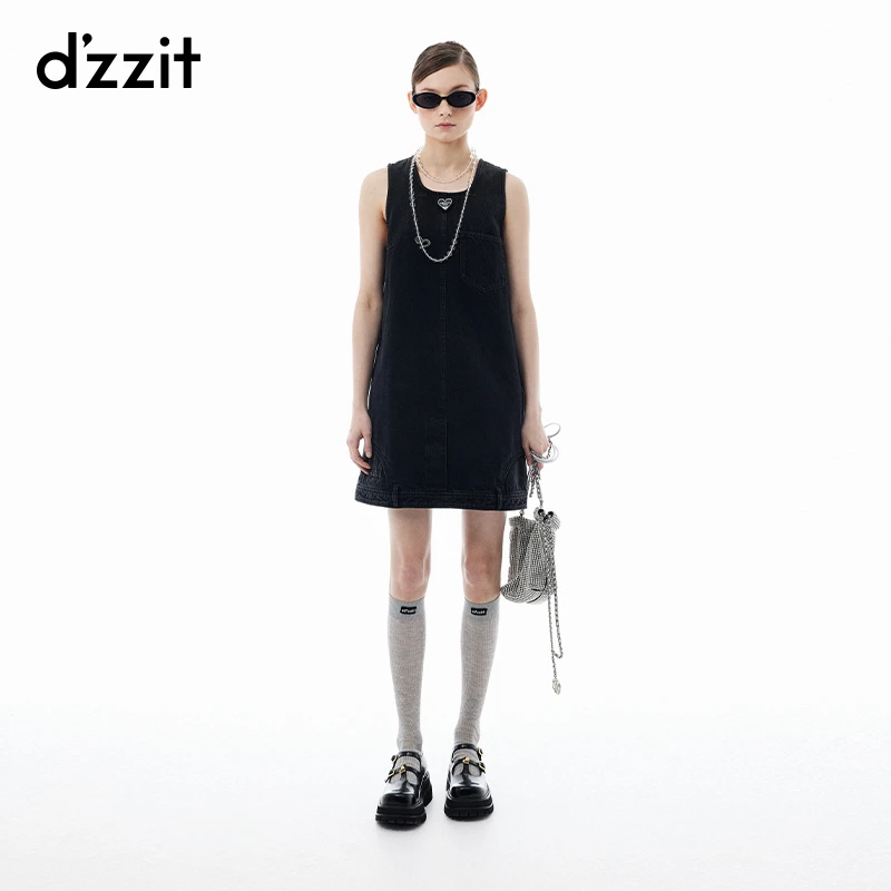 dzzit地素连衣裙时髦黑色裤装倒置设计小众无袖牛仔裙女3I3RE07